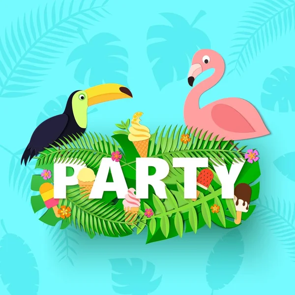 Kompozycja lato Word Party z dżungli liści kwiat lody toucan flamingo na niebieskim tle w stylu cięcia papieru. Tropikalny liść projekt plakatu, banner, ulotki T-shirt druk wektor — Wektor stockowy