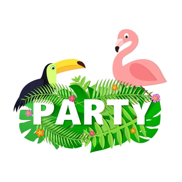 Word partij samenstelling met jungle laat bloemen toucan flamingo op witte achtergrond van papier knippen stijl. Tropische ambachtelijke vogels gele letters voor ontwerp poster, banner, flyer T-shirt. Vector — Stockvector