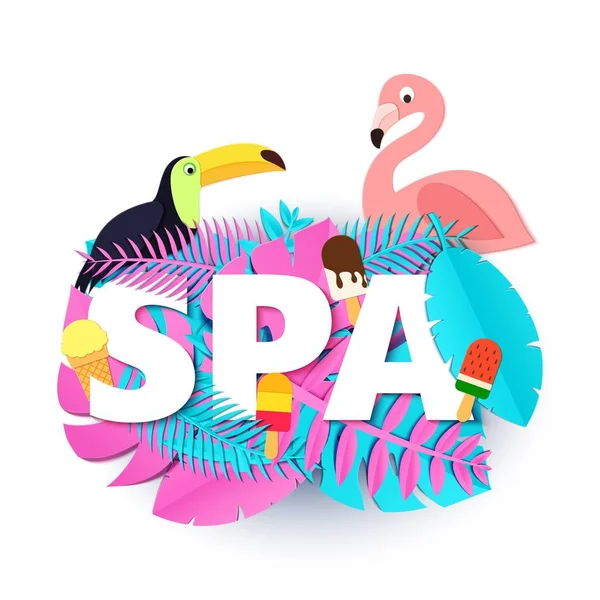 Word SPA composición con hojas de color rosa azul helado tucán flamenco sobre fondo blanco en estilo de corte de papel. Letras artesanales de aves tropicales para diseño cartel volante impresión camiseta Vector ilustración — Vector de stock