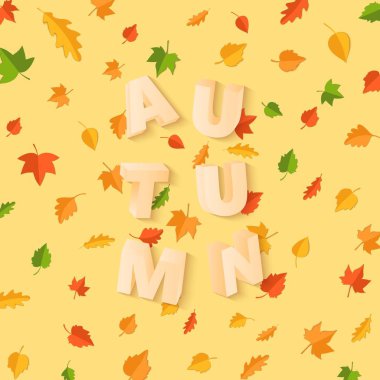 Yeşil sarı kırmızı ile Word sonbahar kompozisyon tarzı kesilmiş kağıt sarı zemin üzerine bırakır. Tasarım poster, afiş, el ilanı için yaprak 3d gerçekçi harfler düşmek T-shirt baskı. Vektör kartı çizim