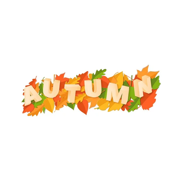 Parola composizione AUTUMN con verde giallo foglie rosse su sfondo bianco in stile taglio carta. Foglia d'autunno 3d lettere realistiche per poster di design, banner, stampa di magliette volantini, illustrazione vettoriale — Vettoriale Stock