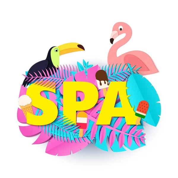 Word SPA composición con hojas de color rosa azul helado tucán flamenco sobre fondo blanco en estilo de corte de papel. Aves tropicales artesanía letras amarillas para diseño cartel volante impresión camiseta Vector . — Vector de stock