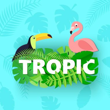 Orman ile Word Tropic kompozisyon toucan flamingo tarzı kesilmiş kağıt mavi zemin üzerine bırakır. Beyaz harfler için tasarım poster, afiş, el ilanı T-shirt baskı. Vektör kartı çizim.