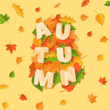 Yeşil sarı kırmızı ile Word sonbahar kompozisyon tarzı kesilmiş kağıt sarı zemin üzerine bırakır. Tasarım poster, afiş, el ilanı için yaprak 3d gerçekçi harfler düşmek T-shirt baskı. Vektör kartı çizim