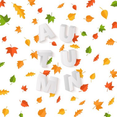 Yeşil sarı kırmızı ile Word sonbahar kompozisyon tarzı kesilmiş kağıt beyaz zemin üzerine bırakır. Tasarım poster, afiş, el ilanı T-shirt baskı, vektör kartı çizim için sonbahar yaprak 3d gerçekçi harfler