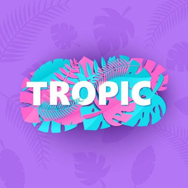 Yaratıcı pembe mavi orman ile Word Tropic kompozisyon kağıt stil kesim mor zemin üzerine bırakır. Tasarım poster, afiş afiş T-shirt baskı, vektör çizim için tropikal yaprak beyaz harfler