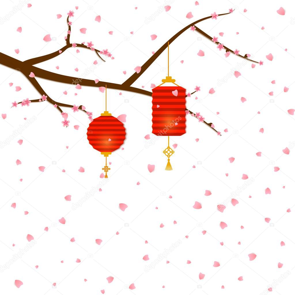 Sprigs of cherry tree flowers sakura fall and Chinese New Year lanterns in paper cut art style round and cylinder shape. Asian decoration for Mid-Autumn Festival, Chuseok, other holidays. Vector.