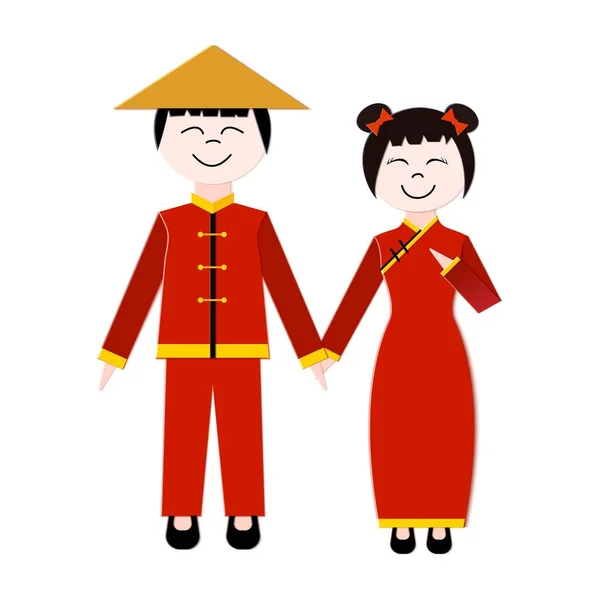 Garçon et fille chinois tiennent la main sur fond blanc. Une paire en costumes traditionnels chinois de couleur rouge. Eligibilité au design en papier pour les nouvelles bannières, affiches de vacances, affiches thématiques. Vecteur . — Image vectorielle