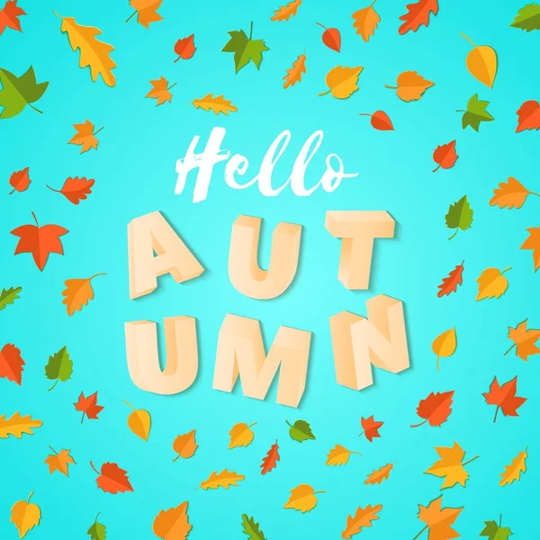 Palabra AUTUMN composición con verde amarillo hojas rojas sobre fondo azul en estilo de corte de papel. Hoja de otoño 3d letras realistas para póster de diseño, pancarta, volante impresión camiseta. Ilustración de tarjeta vectorial — Vector de stock