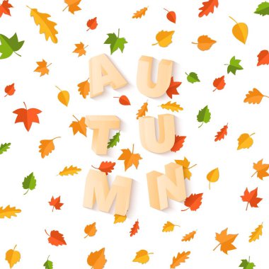 Yeşil sarı kırmızı ile Word sonbahar kompozisyon tarzı kesilmiş kağıt beyaz zemin üzerine bırakır. Tasarım poster, afiş, el ilanı T-shirt baskı, vektör kartı çizim için sonbahar yaprak 3d gerçekçi harfler