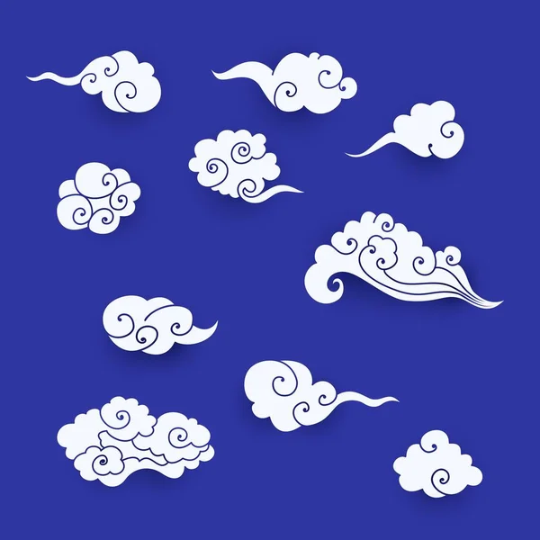 Collection of white asian clouds. Set of paper cut cartoon clouds in traditional chinese style. Vector illustration for design elements for branding decoration, background, cover, poster — Stock Vector