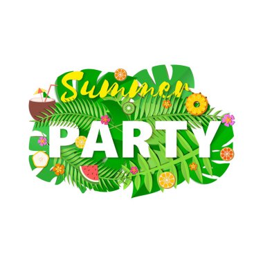 Word parti yaz kompozisyon yaratıcı yeşil orman ile meyve yaprakları ve stil kokteyl kağıt kesti. Poster, afiş, el ilanı için tropikal zanaat Tasarım T-shirt baskı. Vektör
