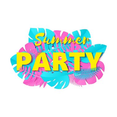 Word parti kompozisyon yaratıcı pembe mavi beyaz arka plan stili kesilmiş kağıt bırakır. Tasarım poster, afiş, el ilanı T-shirt baskı vektör illüstrasyon kart için tropikal yaprak sarı harfler