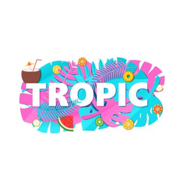 Word Tropic kompozisyon yaratıcı pembe mavi orman ile yaprak ve meyve Kağıt beyaz arka plan üzerinde stil kesti. Tropikal yaprak harf poster, afiş afiş T-shirt baskı, vektör çizim için.