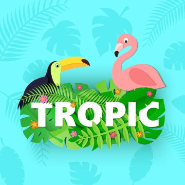 Orman ile Word Tropic kompozisyon çiçek toucan flamingo tarzı kesilmiş kağıt mavi zemin üzerine bırakır. Beyaz harfler için tasarım poster, afiş, el ilanı T-shirt baskı. Vektör kartı çizim.