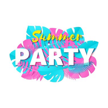 Word parti kompozisyon yaratıcı pembe mavi beyaz arka plan stili kesilmiş kağıt bırakır. Tasarım poster, afiş, el ilanı T-shirt baskı vektör illüstrasyon kart için tropikal yaprak beyaz harfler.