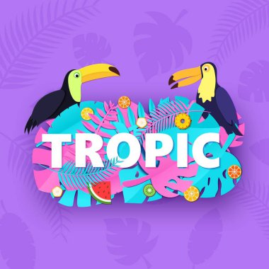 Yaratıcı pembe mavi orman meyve iki Tukanlar mor arka planda kağıt yaprak ile Word Tropic kompozisyon tarzı kesti. Beyaz harfler için afiş, el ilanı T-shirt baskı. Vektör çizim.