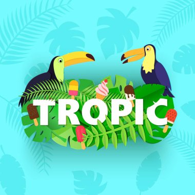 Orman ile Word Tropic kompozisyon tarzı kesilmiş kağıt mavi zemin üzerine dondurma iki Tukanlar bırakır. Beyaz harfler için tasarım poster, afiş, el ilanı T-shirt baskı. Vektör kartı çizim.