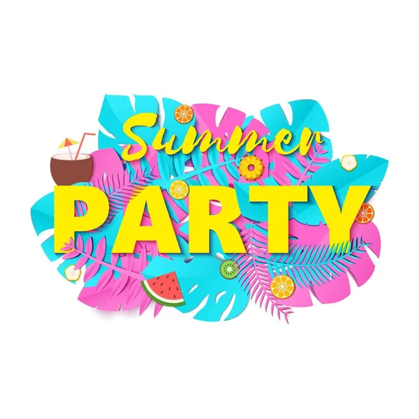 Word PARTY summer composition with creative pink and blue jungle leaves fruits and coctail in paper cut style. Tropical craft design for your poster, banner, flyer T-shirt printing. Vector — Stock Vector