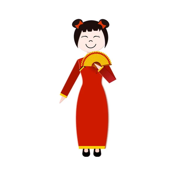 Ragazza cinese su sfondo bianco. Un fan di carta nelle mani di una ragazza in costume tradizionale cinese di colore rosso. Elimenti per il design dei nuovi striscioni, manifesti natalizi, manifesti tematici. Vettore — Vettoriale Stock
