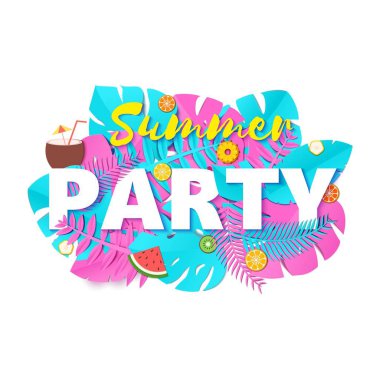 Word parti yaz kompozisyon yaratıcı pembe ve mavi orman ile meyve yaprakları ve stil kokteyl kağıt kesti. Poster, afiş, el ilanı için tropikal zanaat Tasarım T-shirt baskı. Vektör