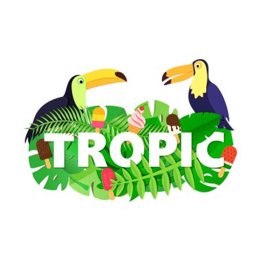 Orman ile Word Tropic kompozisyon tarzı kesilmiş kağıt beyaz arka plan üzerinde dondurma iki Tukanlar bırakır. Beyaz harfler için tasarım poster, afiş, el ilanı T-shirt baskı. Vektör kartı çizim