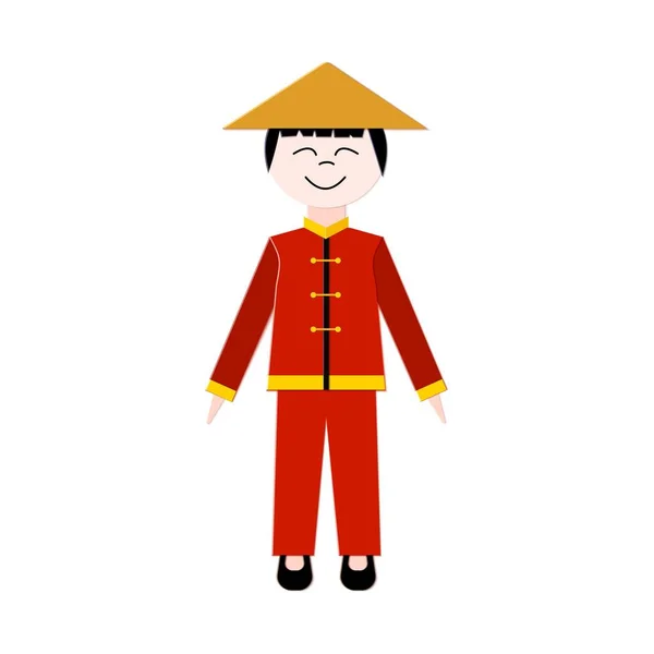 Origami cinese ragazzo in stile su sfondo bianco. Un ragazzo in costume tradizionale cinese di colore rosso. Elimenti per il design in stile cartaceo per i nuovi striscioni, manifesti natalizi, manifesti tematici. Vettore . — Vettoriale Stock