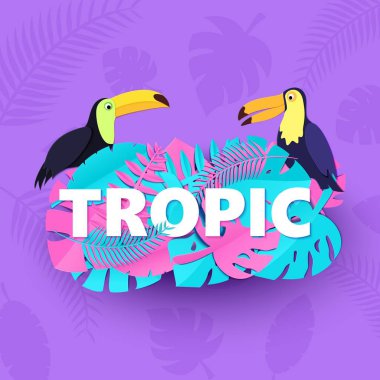 Yaratıcı pembe mavi orman ile Word Tropic kompozisyon kağıt stil kesim mor zemin üzerine iki Tukanlar bırakır. Beyaz harfler ve kuşlar için afiş, el ilanı T-shirt baskı. Vektör kartı çizim