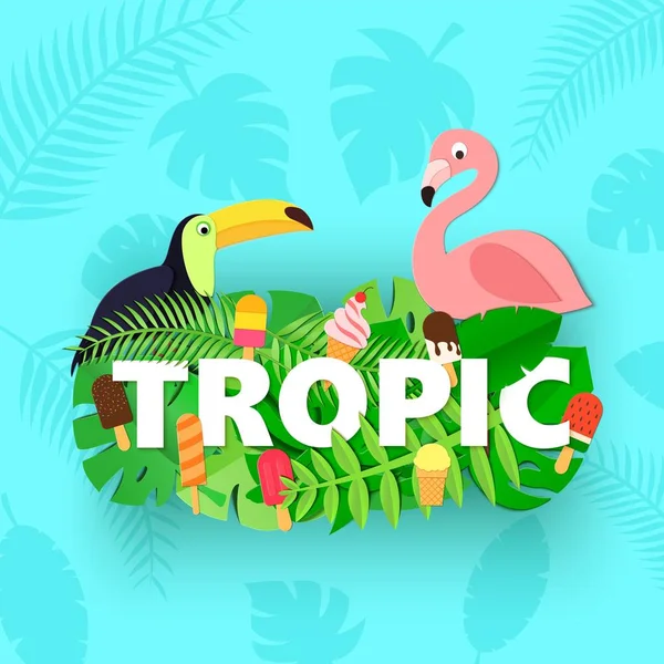 Orman ile Word Tropic kompozisyon dondurma toucan flamingo tarzı kesilmiş kağıt mavi zemin üzerine bırakır. Beyaz harfler için tasarım poster, afiş, el ilanı T-shirt baskı. Vektör kartı çizim.