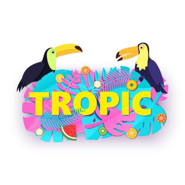 Yaratıcı pembe mavi orman Kağıt beyaz arka plan üzerinde meyve iki Tukanlar yaprakları ile Word Tropic kompozisyon tarzı kesti. Sarı harfler için afiş, el ilanı T-shirt baskı. Vektör çizim.