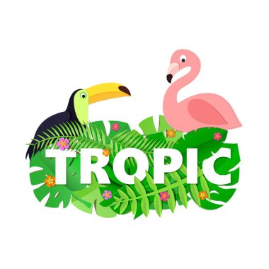 Orman ile Word Tropic kompozisyon çiçek toucan flamingo tarzı kesilmiş kağıt beyaz zemin üzerine bırakır. Beyaz harfler için tasarım poster, afiş, el ilanı T-shirt baskı. Vektör kartı çizim.