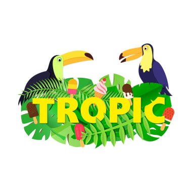 Orman ile Word Tropic kompozisyon tarzı kesilmiş kağıt beyaz arka plan üzerinde dondurma iki Tukanlar bırakır. Sarı harfler tasarım poster, afiş, el ilanı için T-shirt baskı. Vektör kartı çizim