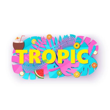 Word Tropic kompozisyon yaratıcı pembe mavi orman ile yaprak ve meyve Kağıt beyaz arka plan üzerinde stil kesti. Tropikal yaprak harf poster, afiş afiş T-shirt baskı, vektör çizim için.