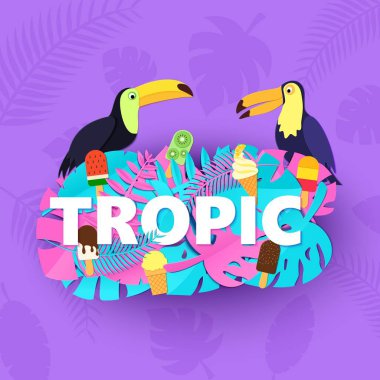 Yaratıcı pembe mavi orman dondurma iki Tukanlar mor arka planda kağıt yaprak ile Word Tropic kompozisyon tarzı kesti. Sarı harfler için afiş, el ilanı T-shirt baskı. Vektör çizim
