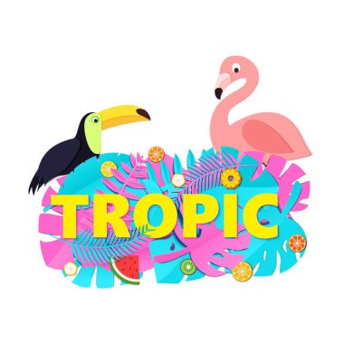 Yaratıcı pembe mavi orman ile Word Tropic kompozisyon kağıt stil kesim mor arka plan üzerinde meyve toucan flamingo bırakır. Sarı harfler için afiş, el ilanı T-shirt baskı. Vektör çizim