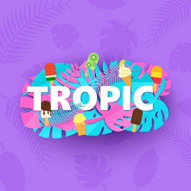 Yaratıcı pembe mavi orman ile Word Tropic kompozisyon bırakır ve dondurma mor arka planda kağıt üzerinde stil kesti. Tropikal yaprak harf poster afiş afiş T-shirt baskı, vektör çizim için