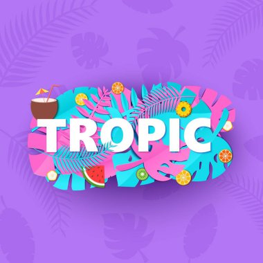Word Tropic kompozisyon yaratıcı pembe mavi orman ile yaprak ve meyve mor arka planda kağıt üzerinde stil kesti. Tropikal yaprak harf poster, afiş afiş T-shirt baskı, vektör çizim için