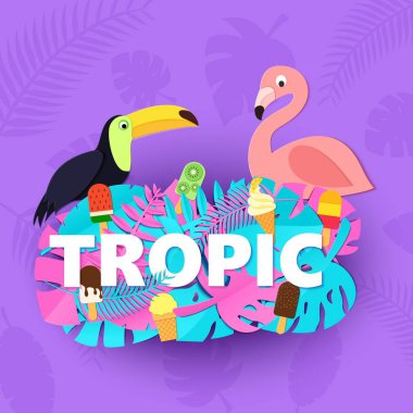 Yaratıcı pembe mavi orman ile Word Tropic kompozisyon kağıt stil kesim mor zemin üzerine dondurma toucan flamingo bırakır. Beyaz harfler için afiş, el ilanı T-shirt baskı. Vektör çizim.