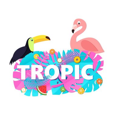 Word Tropic kompozisyon yaratıcı pembe mavi orman ile meyve toucan flamingo tarzı kesilmiş kağıt beyaz zemin üzerine bırakır. Beyaz harfler için afiş, el ilanı T-shirt baskı. Vektör çizim