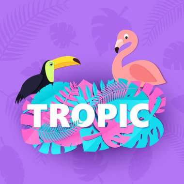 Yaratıcı pembe mavi orman ile Word Tropic kompozisyon kağıt stil kesim mor zemin üzerine toucan flamingo bırakır. Beyaz harfler için afiş, el ilanı T-shirt baskı. Vektör kartı çizim.