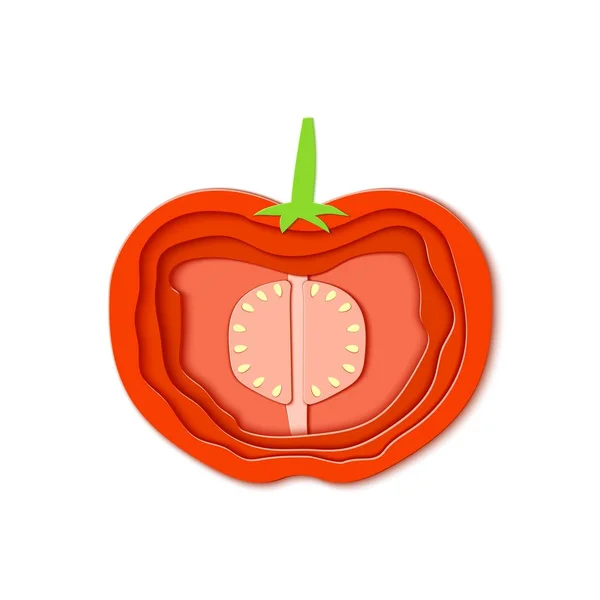 Tomate rouge coupée en papier. Découpe vectorielle de papier sous forme de demi tomate mûre pour la conception d'emballages alimentaires. Illustration vectorielle. Papier applique style art vegitable. Concept Origami . — Image vectorielle