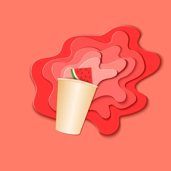 Paper cup with splash pouring juice. Bursts of watermelon juice in layers spread over the red background and a piece of juicy citrus in paper style. Vector illustration origami art — Stock Vector