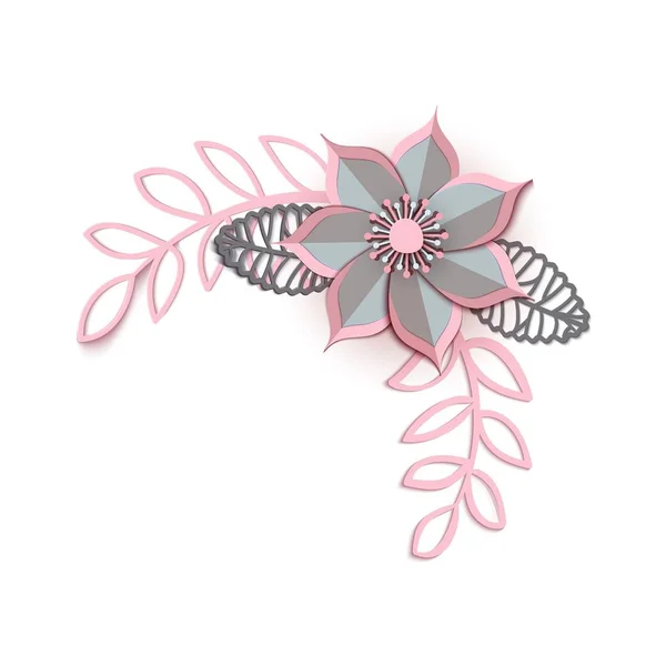 Papier gesneden design met bloem samenstelling. Mooie angle achtergrond met papieren bloemen en bladeren in grijs en roze kleur. Element van frame voor floral wenskaart. Vectorillustratie. — Stockvector