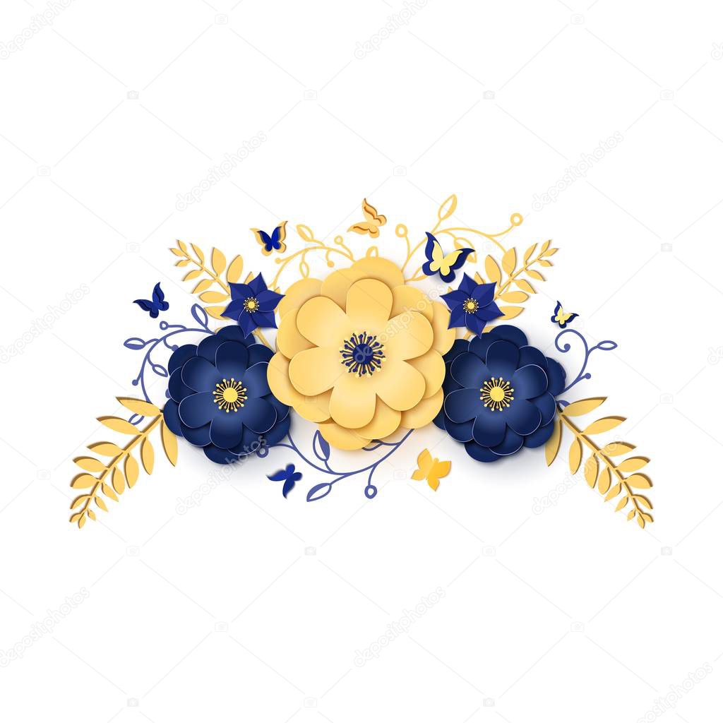 Paper cut design with flower composition. Beautiful background with fantasy floral decorations and butterfly in blue and yellow colour. Element of frame for wedding greeting card. Vector illustration