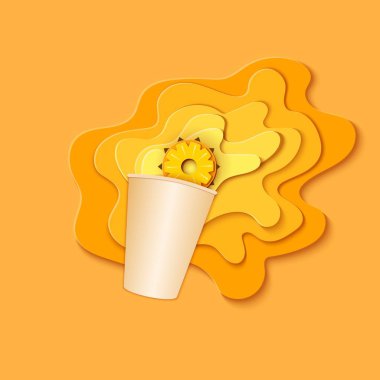 Kağıt bardak sıçrama dökülen suyu ile. Sarı arka planlı ve sulu ananas kağıt tarzı bir parça pineaplple suyu katmanlarında patlamaları yayılmış. Vektör çizim origami sanatı