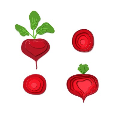 Kırmızı pancar kesilmiş kağıt ayarla. Vektör kağıt kesme tasarım olgun pancar bütün ve dilim şeklinde. Vektör çizim. Kağıt aplike sanat tarzı kök vegitable. Origami kavramı