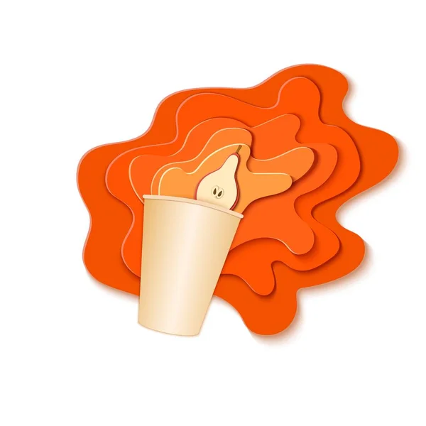 Taza de papel con jugo de salpicadura. Explosiones de jugo de pera en capas extendidas sobre el fondo blanco y un trozo de friut jugoso en estilo de papel. Ilustración vectorial origami art . — Vector de stock