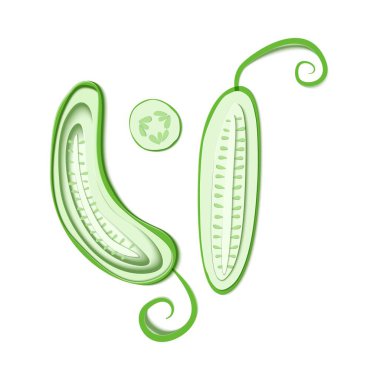 Yeşil salatalık kesip kağıt ayarla. Kağıt el sanatları tasarım olgun dilim salatalık sebze yaprak şeklinde vektör. Vektör çizim. Kağıt aplike sanat tarzı sebze. Origami kavramı.