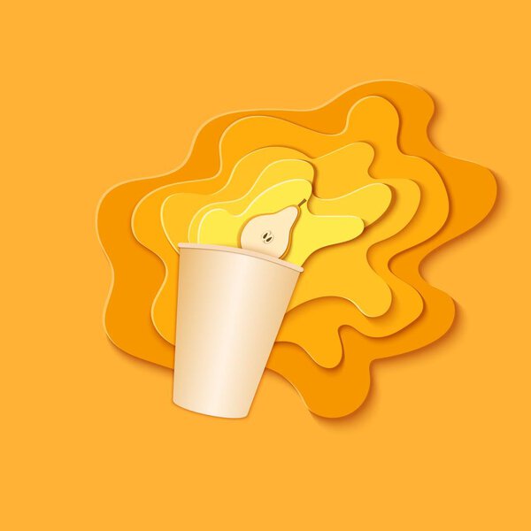 Paper cup with splash pouring juice. Bursts of pear juice in layers spread over the yellow background and a piece of juicy friut in paper style. Vector illustration origami art.