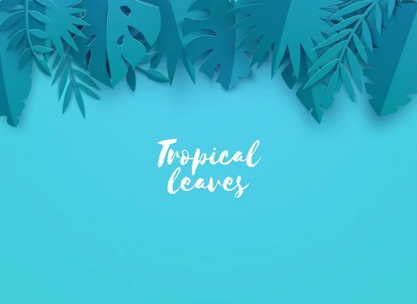 Grens van de zomer tropische bladeren in papier gesneden stijl. Creatieve ambachtelijke jungle planten collectie op blauwe achtergrond. Creatieve vectorkaart illustratie in papier snijden kunststijl — Stockvector
